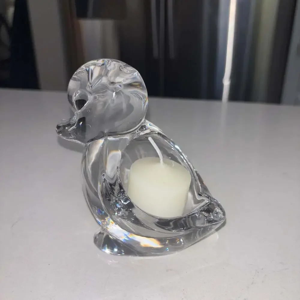 Vintage Vannes Le Chatel Clear Crystal Duck Paperweight Candle Holder France